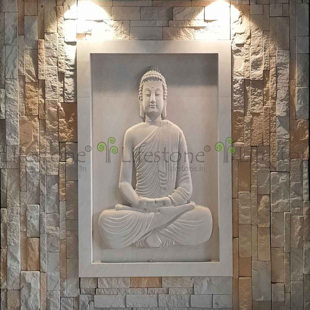 3d MEDITATING BUDDHA STONE MURAL IN MINT SANDSTONE 2FT X 3 FT