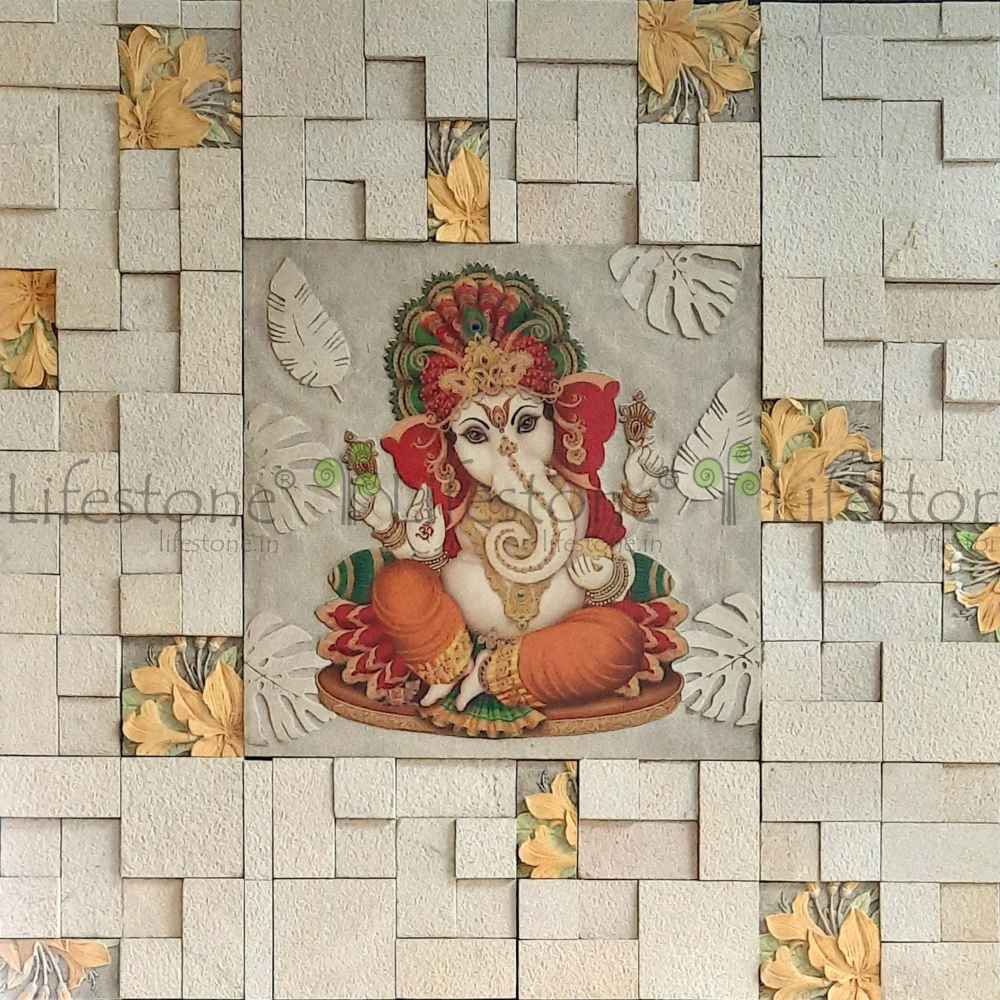 Natural Stone Mural Ganesha laser Carved Printed Mural 2 ft x 2 ft
