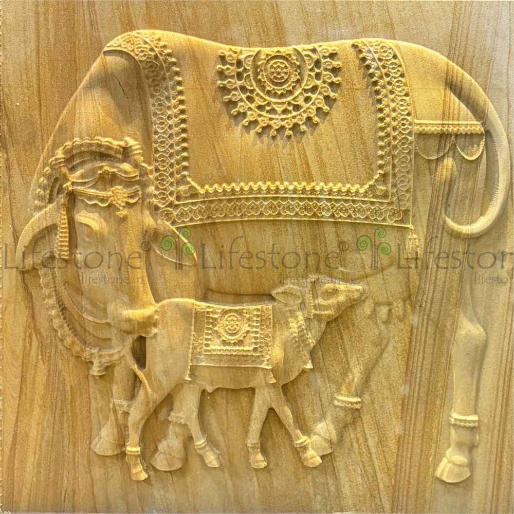  2 x 2 Kamadhenu Stone mural Teakwood