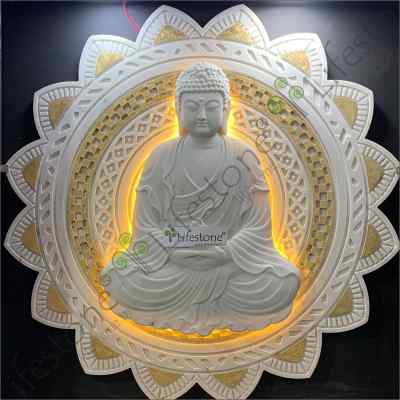STONE MURAL DIVINE BUDDHA ON MARBLE WITH LED BACKLIT