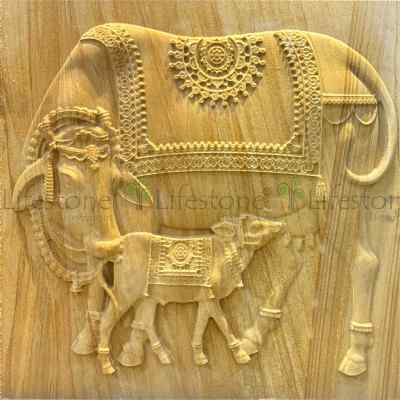  2 x 2 Kamadhenu Stone mural Teakwood